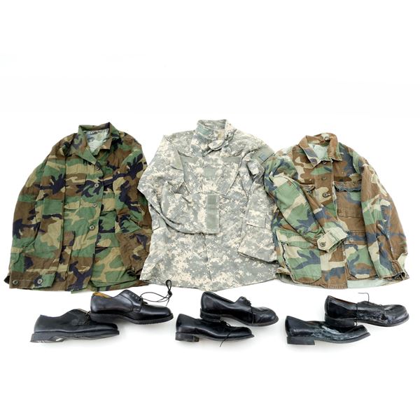 ASSORTED MILITARY COMBAT COATS / DRESS SHOES LOT