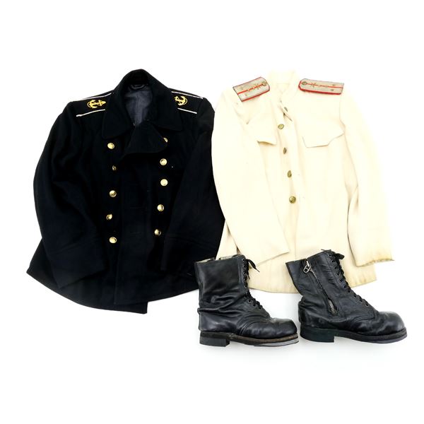 RUSSIAN MILITARY PEA COAT, TUNIC AND PILOT BOOTS LOT