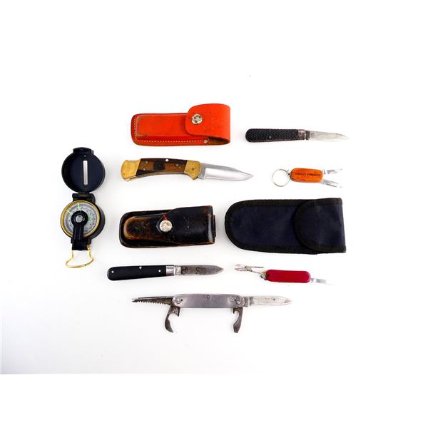 ASSORTED FOLDING BLADE KNIFE AND LENSATIC COMPASS LOT