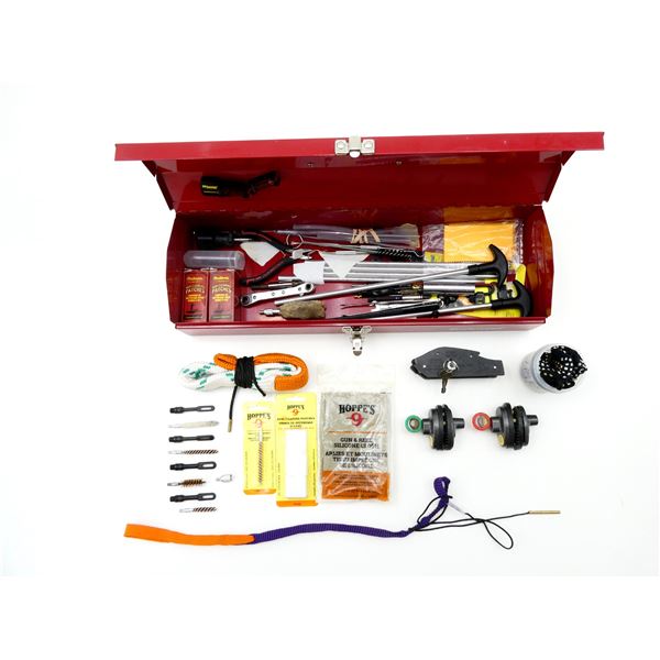 KEYED TRIGGER LOCKS & MASTER CRAFT TOOL BOX WITH ASSORTED GUN CLEANING SUPPLIES, ETC. LOT