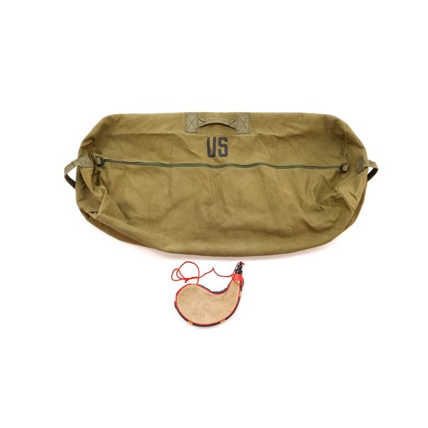 REPRODUCTION U.S. MILITARY DUFFEL BAG AND UNKNOWN WINE CANTER LOT