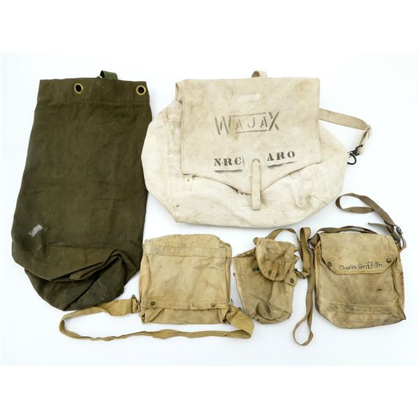 ASSORTED WWII ERA MILITARY GAS MASK CARRIERS, DUFFLE BAG, ETC. LOT
