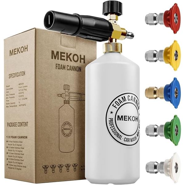 Mekoh 1L Foam Cannon Gun for Pressure Washer - Car Wash Snow Soap Cannon w/ 5 Nozzles - New
