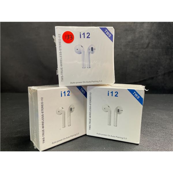 3 Pairs of i12 TWS True Wireless Stereo Bluetooth Earbuds - White - New Sealed