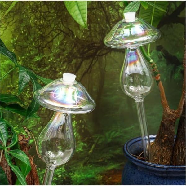 4PC Iridescent Mushroom Top Fill Plant Watering Bulbs, Self- Watering Glass Watering Globes - New