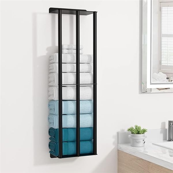 31" Wall-Mounted Towel Storage Rack - Sturdy Metal Shelf for Rolled Towels w/ 3 Vertical Bars - New