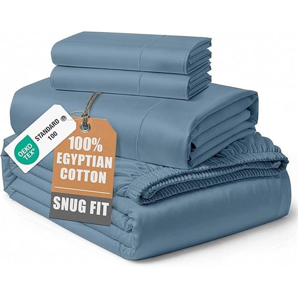 Lane Linen 100% Egyptian Cotton 4PC King Size Sheet Set; Luxury Long Staple Cotton Sheets (Blue) New