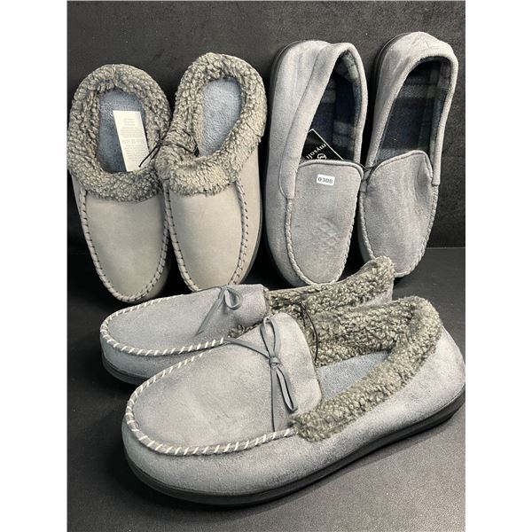 3 Pairs of Assorted Grey Men's Slippers with Non-Slip Grip Bottom (Assorted Sizes - See Photos) New