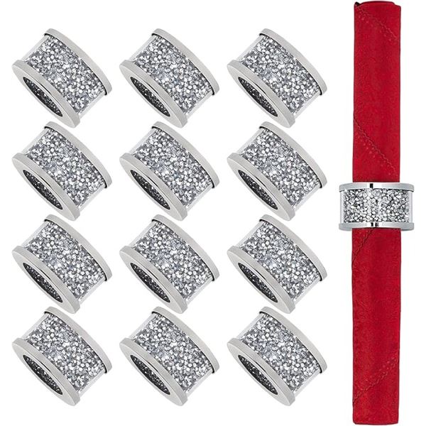 12PC Silver Diamond Napkin Rings/Crystal Glass Napkin Holds for Dinner Party/Tabletop Settings - New