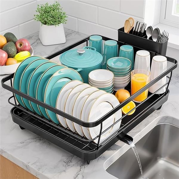 Sakugi Large Dish Drying Rack with Drain Board for Kitchen Counter - Durable Design (Black) New
