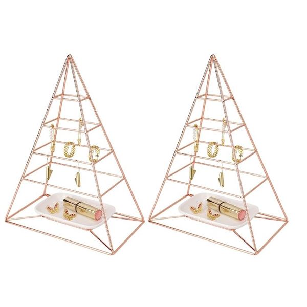 Lot of 2 Rose Gold 4-Tier Pyramid Jewelry Organizers/Holders with Tray - 12" Tall - New