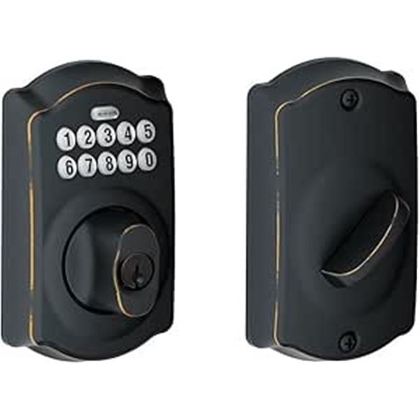 SCHLAGE Camelot Keypad Deadbolt (Model: BE365CAM716) Aged Bronze - New in Box!