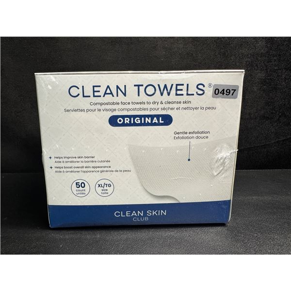 50PC Box of XL Clean Towels; Dermatologist-Approved Compostable Face Towels - Ultra Soft - New
