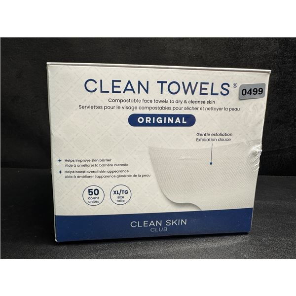 50PC Box of XL Clean Towels; Dermatologist-Approved Compostable Face Towels - Ultra Soft - New