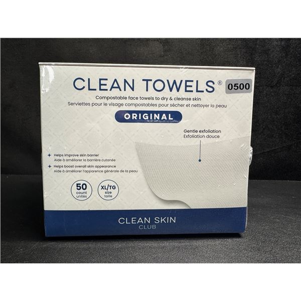50PC Box of XL Clean Towels; Dermatologist-Approved Compostable Face Towels - Ultra Soft - New