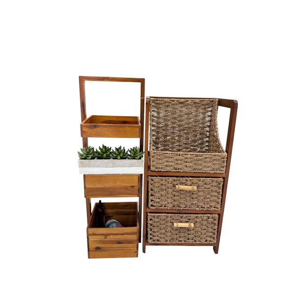 2-Piece Acacia Wood & Wicker Salon Storage Set - Rolling Trolley & 3-Tier Organizer Basket