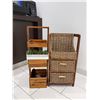 Image 2 : 2-Piece Acacia Wood & Wicker Salon Storage Set - Rolling Trolley & 3-Tier Organizer Basket