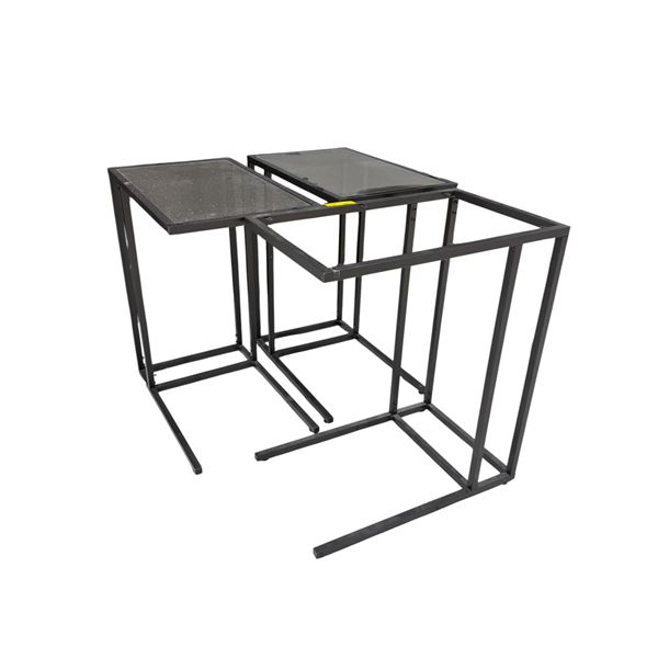 Set of 3 Black Metal C-Frame Side Tables - Smoked Glass & Granite Style Tops (missing one glass top)