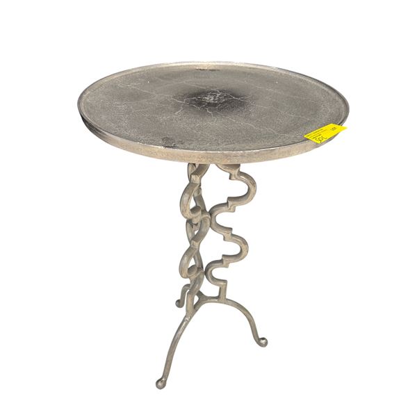 Silver Cast Metal Accent Table - Textured Tray Top & Ornate Trellis Base