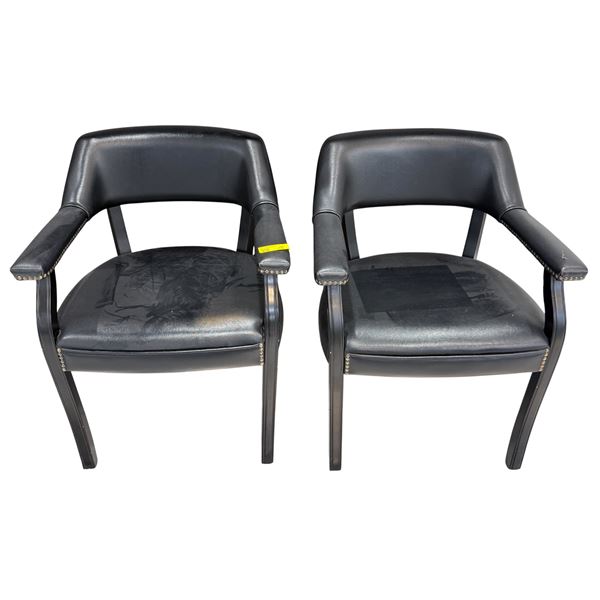 Set of 2 Black Faux Leather Salon Guest Chairs - Nailhead Trim & Open Back Design