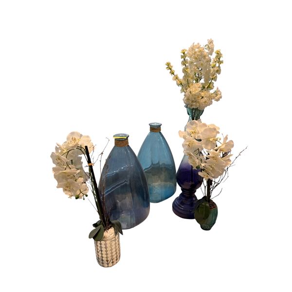 Group of Decorative Glass Floor & Table Vases with Faux White Floral Arrangements - Orchids & Lilies