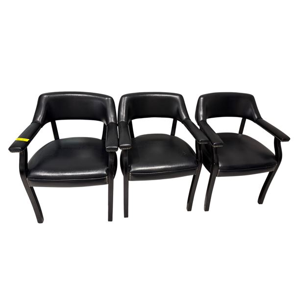 Set of 3 Black Faux Leather Salon Guest Chairs - Nailhead Trim & Mid-Century Open Back Design