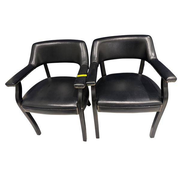 Set of 2 Black Faux Leather Salon Guest Chairs - Nailhead Trim & Mid-Century Open Back Design