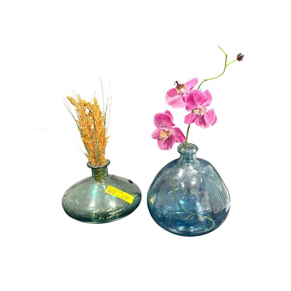 2 Hand-Blown Iridescent Blue-Green Glass Vases with Faux Orchid and Floral Accents