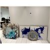 Image 2 : Mixed Wall Decor Lot - Ornate Silver Mirror, Abstract Floral & Salon-Themed Canvas Art
