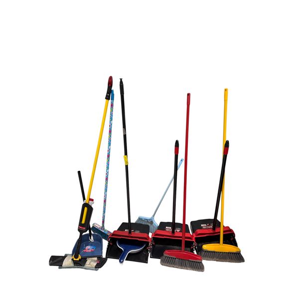 Bulk Lot of 10+ Commercial Brooms, Mops, & Lobby Dustpans - O-Cedar, Libman & Spray Mops