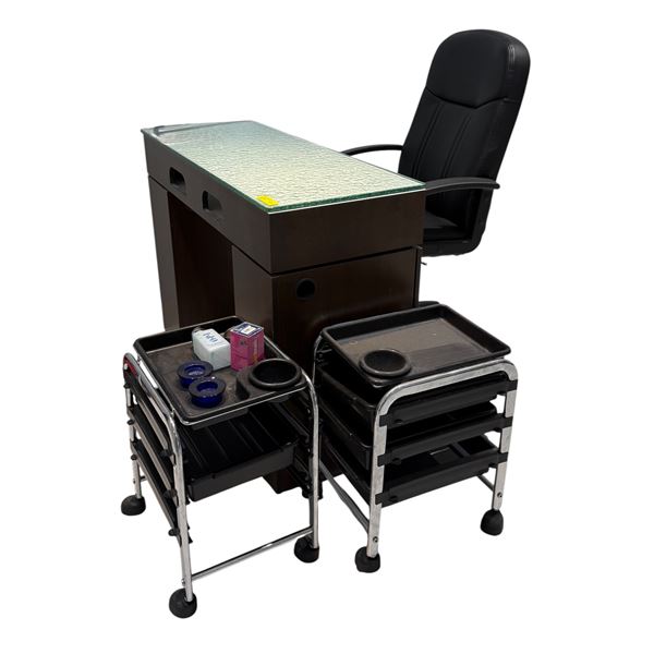 Professional Manicure Station Set - Glass Top Nail Desk, Rolling Technician Chair & 2 Storage Trolle