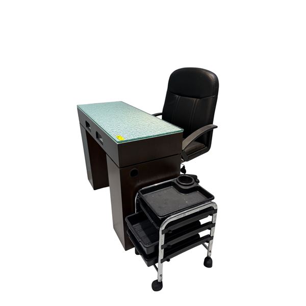 Professional Manicure Station Set - Glass Top Nail Desk, Rolling Technician Chair & Storage Trolley