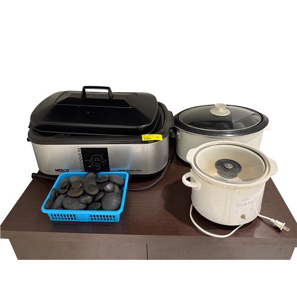 Professional Hot Stone Massage Lot - Nesco 18 Qt Roaster, 2 Crock-Pot Slow Cookers & 30+ Basalt Ston