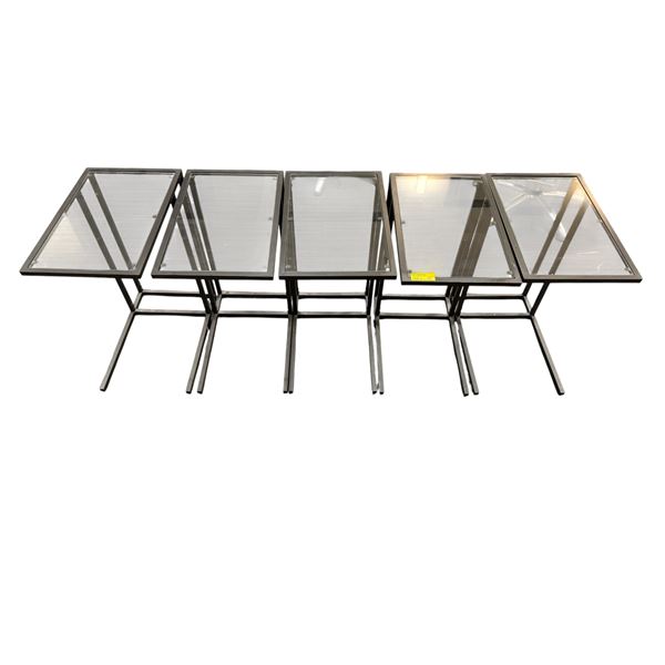 Set of 5 Black Metal C-Frame Side Tables - Smoked Glass & Granite Style Tops