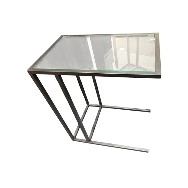 Set of 4 Black Metal C-Frame Side Tables - Smoked Glass & Granite Style Tops