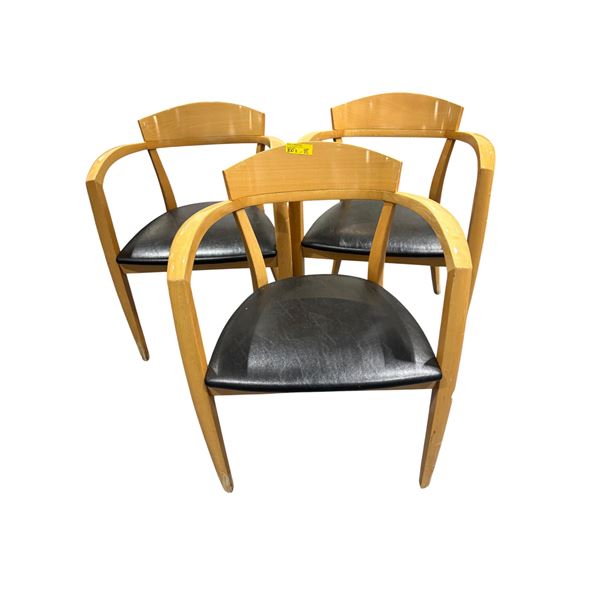 3 Mid-Century Style Wood Salon Waiting Area Chairs - Black Vinyl Seats