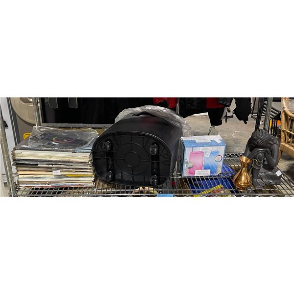 Shelf of Decor Items: Vinyl Records, Buddha Statue, Pitcher & More