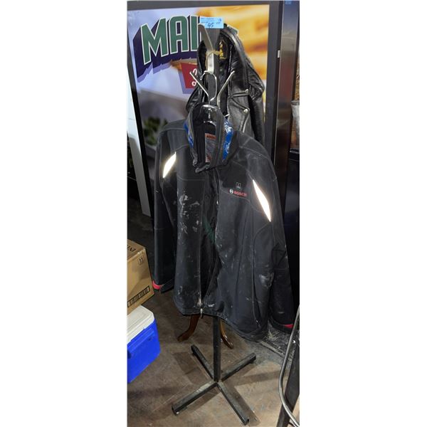 2 Jackets (Black Leather & Bosch) with Metal Coat Stand