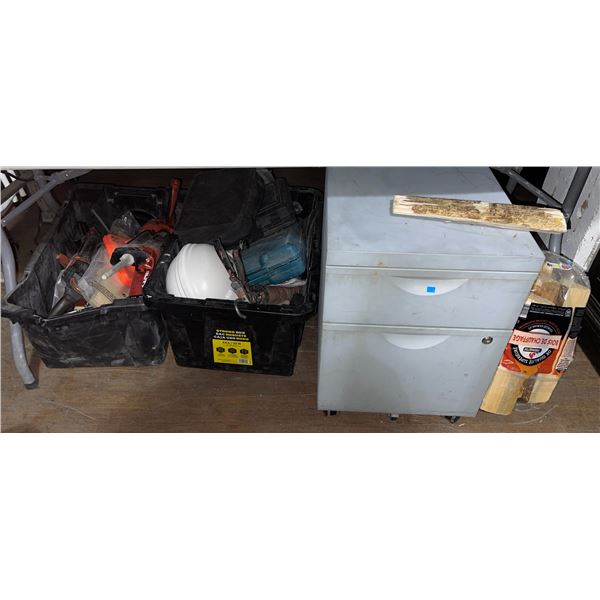 Metal 2-Drawer Filing Cabinet and Two Storage Totes of Assorted Tools