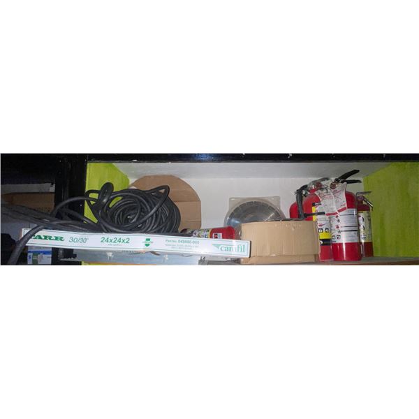 Shelf of Industrial Utility Items - Fire Extinguishers, Saw Blades, Air Filter, and More