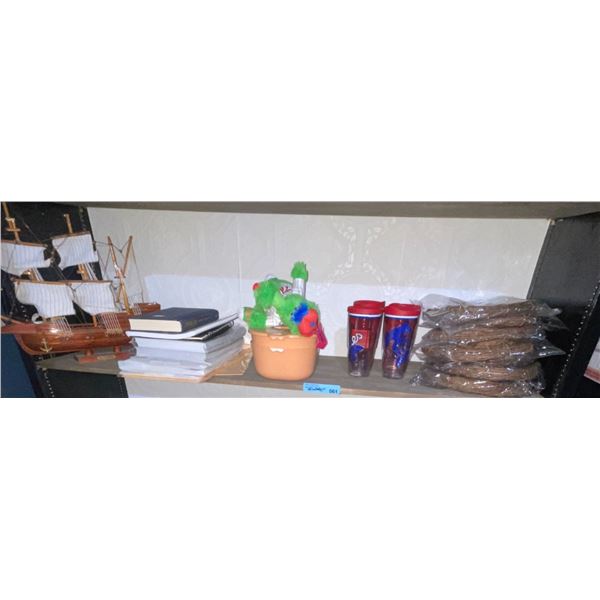 Shelf Lot: Drinkware, Wooden Model Ship, Craft Twine, and More
