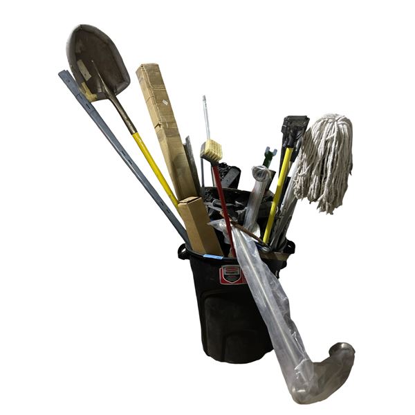 Bin with Assorted Long-Handled Tools, Mops & Brooms