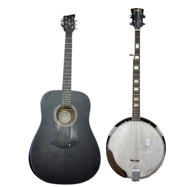 2 Instruments: Jay Turser Black Acoustic Guitar and 5-String Banjo
