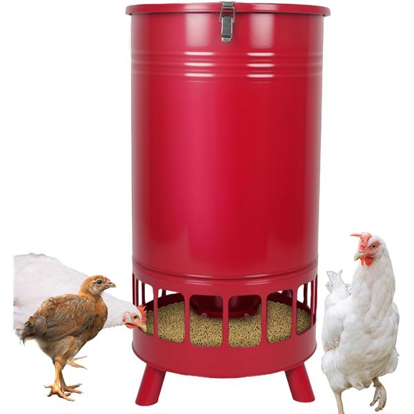 New - Solution4Patio 65 LB Large Free Standing Chicken Feeding Barrel, Red - $169 CAD (X004NUGDW3)