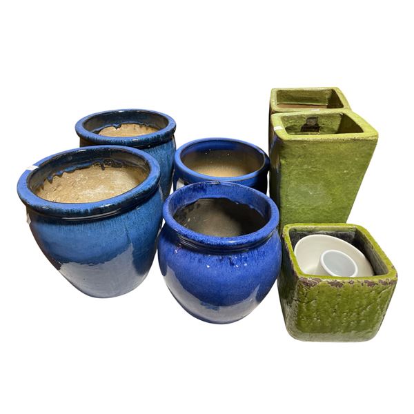 7-Pcs Blue and Green Ceramic Planters - Various Sizes