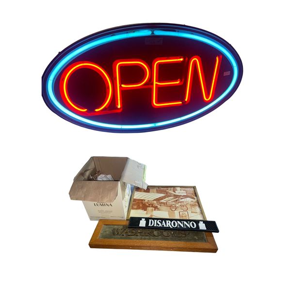 "Open" Neon Sign (20"x34" - Tested, Powers On), "Washrooms" Sign, Disaronno Bar Mat, Framed Print