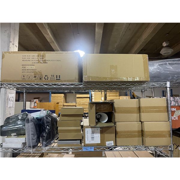 Full Shelf of Boxed Picture Frames, Lighting, Camping Cushions, and More