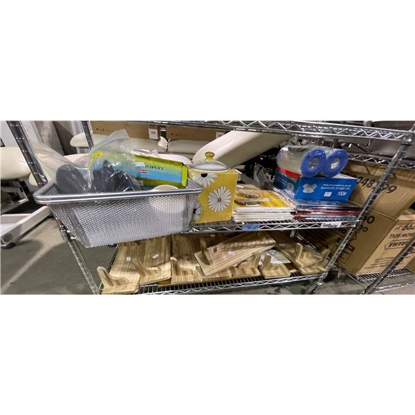 3 Shelves of Various Household Items Including Kitchenware, ELONG Outdoor Bow Squares, Wooden Boards
