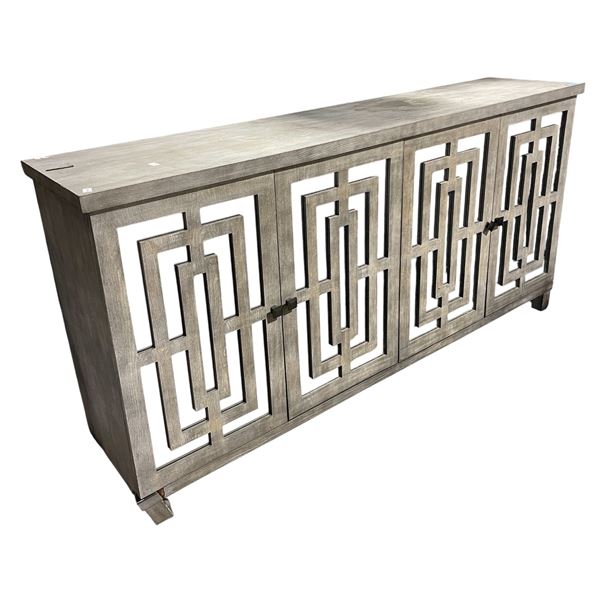 Geometric Cut-out Design Console Cabinet, H39" x W79" x D18 (one leg broken, repair required)