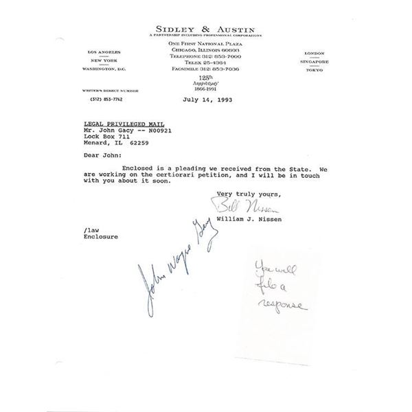 Killer Clown John Wayne Gacy Signed Attorney Letter